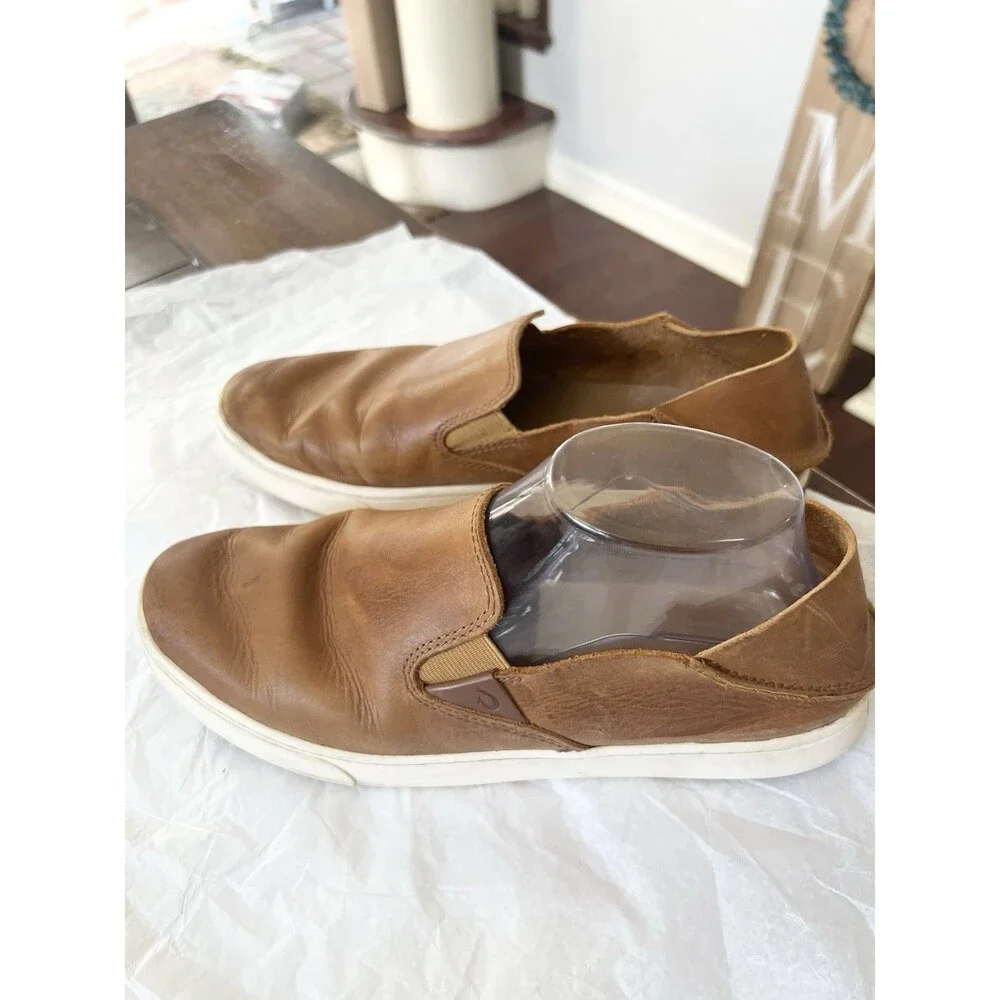 OluKai Pehuea Leather Slip On Shoes Floc Fox Brown Slides 2 Way Loafers Size 9.5